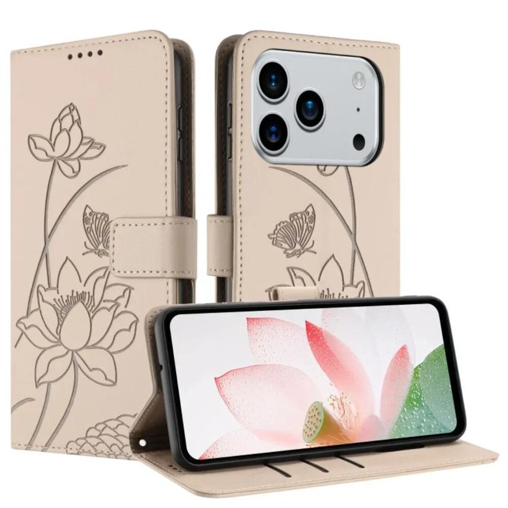 For iPhone 17 Pro Max Lotus Embossed Leather Phone Case with Lanyard(Beige)